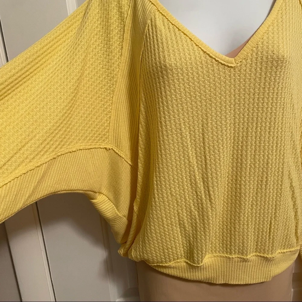 Free People | Santa Clara Thermal Yellow Long Sleeve V Neck Waffle Knit Top
